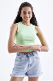 Fıstık Yeşil Basic Kolsuz O Yaka Kadın Crop Top - 97204 | XL