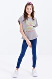 Gri Oversize Renkli Yazı Baskılı O Yaka Kız Çocuk T-Shirt - 75029 | 9-10 Yaş