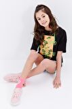 Siyah Oversize Yazı Baskılı O Yaka Düşük Omuz Kız Çocuk T-Shirt - 75032 | 7-8 Yaş
