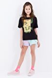 Siyah Oversize Yazı Baskılı O Yaka Düşük Omuz Kız Çocuk T-Shirt - 75032 | 7-8 Yaş