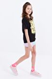 Siyah Oversize Yazı Baskılı O Yaka Düşük Omuz Kız Çocuk T-Shirt - 75032 | 7-8 Yaş
