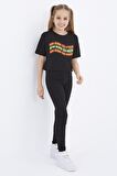 Siyah Oversize Renkli Yazı Baskılı Düşük Omuz O Yaka Kız Çocuk Crop T-Shirt  - 75038 | 7-8 Yaş