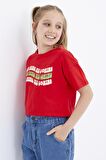 Nar Çiçeği Oversize Renkli Yazı Baskılı Düşük Omuz O Yaka Kız Çocuk Crop T-Shirt  - 75038 | 14-15 Yaş