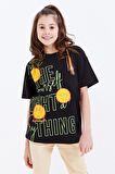 Siyah Oversize Emoji Baskılı O Yaka Düşük Omuz Kız Çocuk T-Shirt  - 75042 | 7-8 Yaş