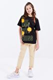 Siyah Oversize Emoji Baskılı O Yaka Düşük Omuz Kız Çocuk T-Shirt  - 75042 | 7-8 Yaş