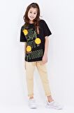 Siyah Oversize Emoji Baskılı O Yaka Düşük Omuz Kız Çocuk T-Shirt  - 75042 | 7-8 Yaş
