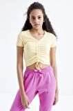 Sarı Büzgü Detaylı V Yaka Kadın Crop Top - 97205 | XL