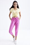 Sarı Büzgü Detaylı V Yaka Kadın Crop Top - 97205 | XL