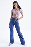 Gül Kurusu Büzgü Detaylı V Yaka Kadın Crop Top - 97205 | S
