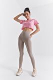 Koyu Bej Yüksek Bel Toparlayıcı Slim Fit Dar Paça Kadın Tayt - 94011 | L