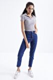 Gri Polo Yaka Basic Kısa Kollu  Kadın Crop Top  - 97208 | S