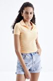 Kavun Içi Polo Yaka Basic Kısa Kollu  Kadın Crop Top  - 97208 | S
