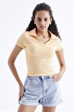 Kavun Içi Polo Yaka Basic Kısa Kollu  Kadın Crop Top  - 97208 | S
