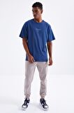 İndigo Sırt Baskılı O Yaka Erkek Oversize T-Shirt  - 88091 | S