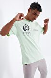 Açık Yeşil Minimal Baskılı O Yaka Erkek Oversize T-Shirt  - 88096 | XXL