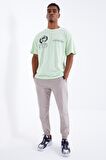 Açık Yeşil Minimal Baskılı O Yaka Erkek Oversize T-Shirt  - 88096 | XXL