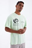 Açık Yeşil Minimal Baskılı O Yaka Erkek Oversize T-Shirt  - 88096 | XXL