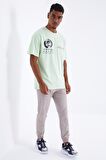 Açık Yeşil Minimal Baskılı O Yaka Erkek Oversize T-Shirt  - 88096 | XXL