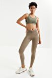 Camel Beli Büzgülü Yüksek Bel Streç Slim Fit Kadın Tayt - 94605 | S