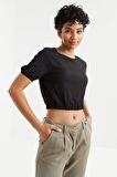 Siyah Balon Kol O Yaka Beli Lastikli Bürümcük Kumaş Kadın Crop Top T-Shirt - 97221 | S