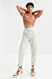 Tarçın Balon Kol O Yaka Beli Lastikli Bürümcük Kumaş Kadın Crop Top T-Shirt - 97221 | L