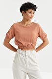 Tarçın Balon Kol O Yaka Beli Lastikli Bürümcük Kumaş Kadın Crop Top T-Shirt - 97221 | S