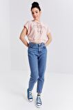 Somon Kapüşonlu Yazı Baskılı Beli Lastikli Bürümcük Kumaş Kadın Crop Top T-Shirt  - 97230 | M