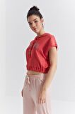 Nar Cıcegı Kapüşonlu Yazı Baskılı Beli Lastikli Bürümcük Kumaş Kadın Crop Top T-Shirt  - 97230 | XL