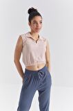 Somon Polo Yaka Beli Lastikli Bürümcük Kumaş Kadın Crop Top T-Shirt - 97223 | XL
