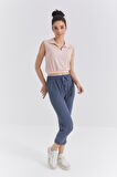 Somon Polo Yaka Beli Lastikli Bürümcük Kumaş Kadın Crop Top T-Shirt - 97223 | XL