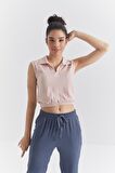 Somon Polo Yaka Beli Lastikli Bürümcük Kumaş Kadın Crop Top T-Shirt - 97223 | XL