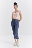 Somon Polo Yaka Beli Lastikli Bürümcük Kumaş Kadın Crop Top T-Shirt - 97223 | XL