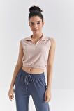 Somon Polo Yaka Beli Lastikli Bürümcük Kumaş Kadın Crop Top T-Shirt - 97223 | XL