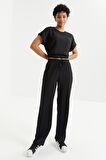 Siyah Basic O Yaka Beli Lastikli Bürümcük Kumaş Kadın Crop Top T-Shirt  - 97227 | XL