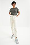 Çağla Basic O Yaka Beli Lastikli Bürümcük Kumaş Kadın Crop Top T-Shirt  - 97227 | XL