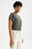 Çağla Basic O Yaka Beli Lastikli Bürümcük Kumaş Kadın Crop Top T-Shirt  - 97227 | XL