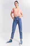 Kavun Içi Basic O Yaka Beli Lastikli Bürümcük Kumaş Kadın Crop Top T-Shirt  - 97227 | L