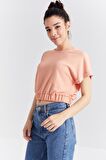 Kavun Içi Basic O Yaka Beli Lastikli Bürümcük Kumaş Kadın Crop Top T-Shirt  - 97227 | L