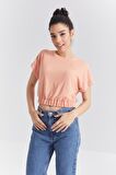 Kavun Içi Basic O Yaka Beli Lastikli Bürümcük Kumaş Kadın Crop Top T-Shirt  - 97227 | L