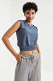 Petrol O Yaka Kolsuz Beli Lastikli Bürümcük Kumaş Kadın Crop Top T-Shirt  - 97226 | L