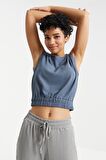 Petrol O Yaka Kolsuz Beli Lastikli Bürümcük Kumaş Kadın Crop Top T-Shirt  - 97226 | L
