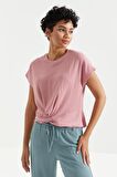 Gül Kurusu O Yaka Önü Büzgü Detaylı Bürümcük Kumaş Kadın Crop Top T-Shirt  - 97228 | L