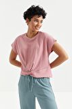 Gül Kurusu O Yaka Önü Büzgü Detaylı Bürümcük Kumaş Kadın Crop Top T-Shirt  - 97228 | L
