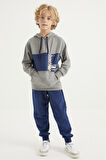 Gri Melanj Nakışlı Kanguru Cepli Kapüşonlu Standart Kalıp Erkek Çocuk Sweatshirt - 11010 | 7-8 Yaş