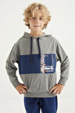 Gri Melanj Nakışlı Kanguru Cepli Kapüşonlu Standart Kalıp Erkek Çocuk Sweatshirt - 11010 | 8-9 Yaş