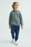 Gri Melanj Ön Ve Kapüşon Yazı Detaylı Standart Kalıp Erkek Çocuk Sweatshirt - 11037 | 7-8