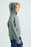Gri Melanj Ön Ve Kapüşon Yazı Detaylı Standart Kalıp Erkek Çocuk Sweatshirt - 11037 | 7-8