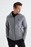 Gri Melanj Fermuarlı Dik Yaka Standart Kalıp Erkek  Sweatshirt Polar - 88134 | XXL