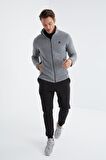 Gri Melanj Fermuarlı Dik Yaka Standart Kalıp Erkek  Sweatshirt Polar - 88134 | XXL