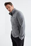 Gri Melanj Fermuarlı Dik Yaka Standart Kalıp Erkek  Sweatshirt Polar - 88134 | XXL
